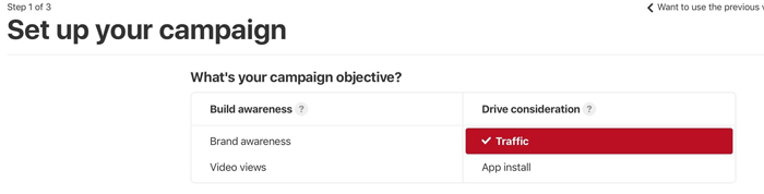 chọn mục tiêu cho chiến dịch quảng cáo Pinterest