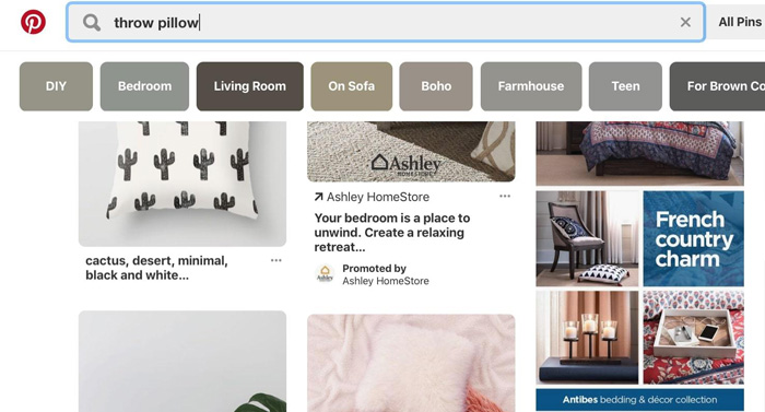 quảng cáo xuất hiện trong các kết quả tìm kiếm Pinterest