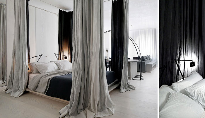 tách biệt phòng ngủ chỉ bằng một bức rèm