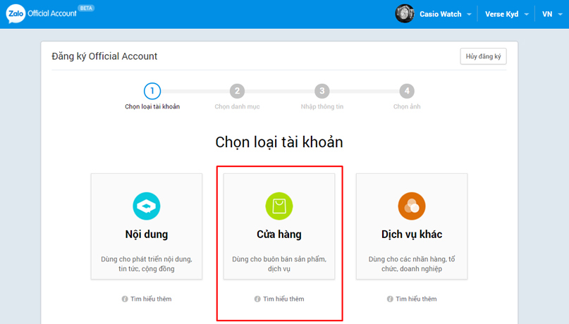 Lựa chọn tài khoản Zalo Shop