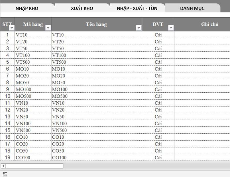 Mẫu file Excel quản lý kho hàng