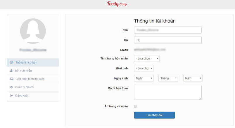 Thông tin cá nhân Foody